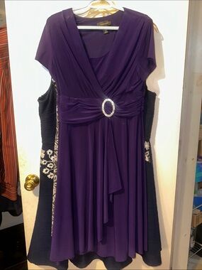 R&M Richards Deep Purple Midi Dress with Rhinestone Buckle